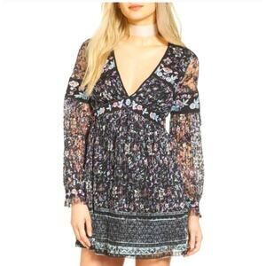 New Free People Cherry Blossom Embroidered Black Floral Mini Dress Women Size 0